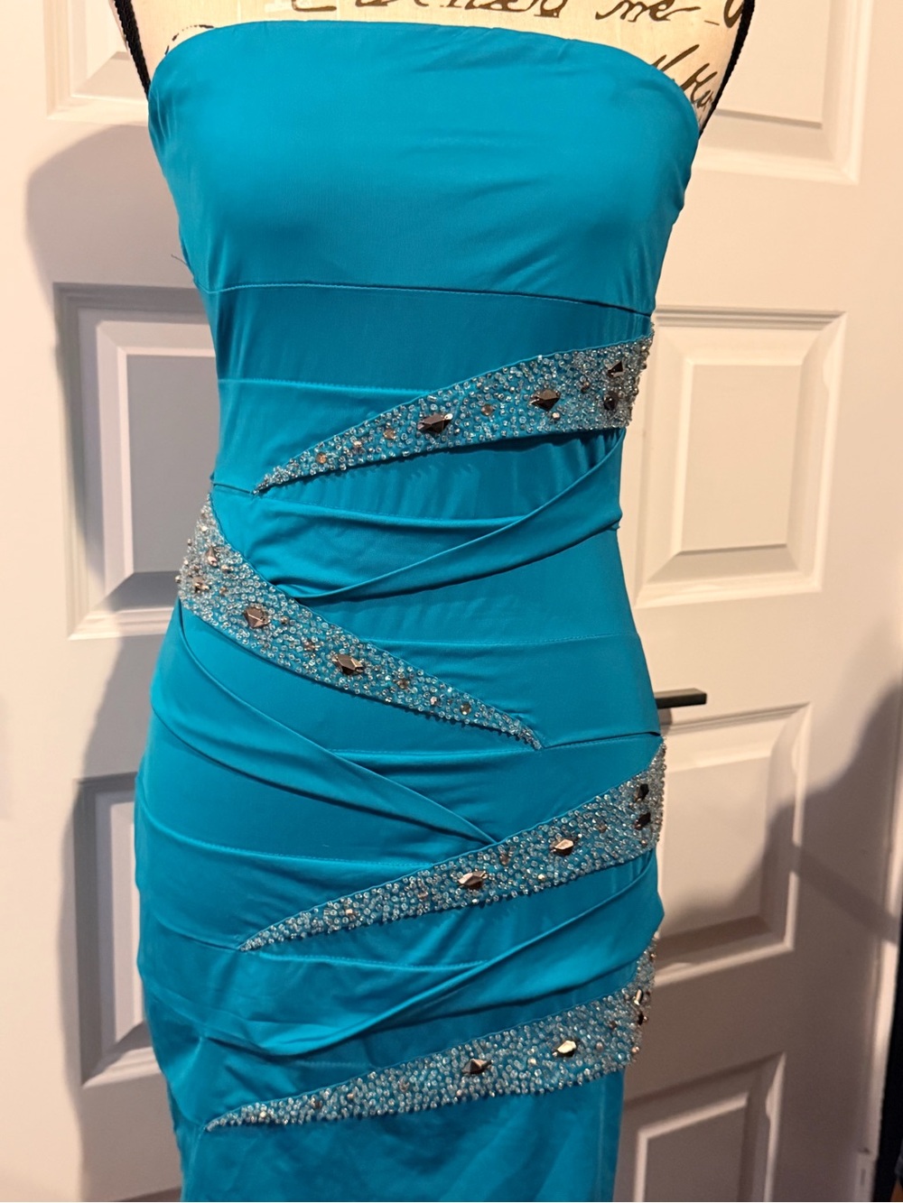 Strapless Turquoise Beaded Evening Dress